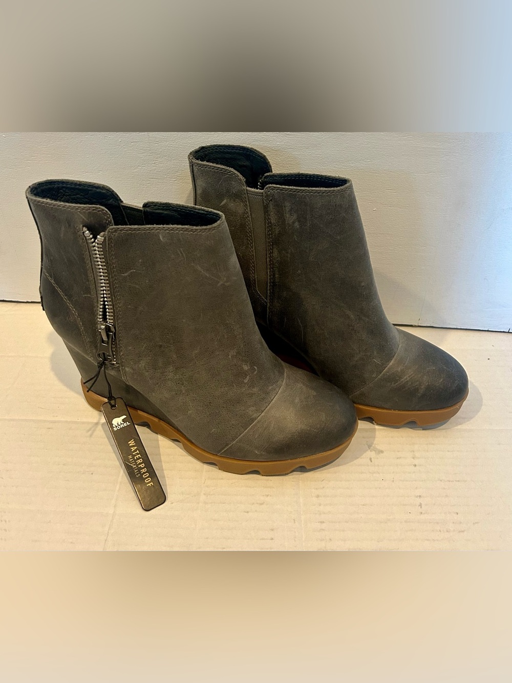 Sorel Women's Dark Gray Waterproof Wedge Booties with Tan Outsole